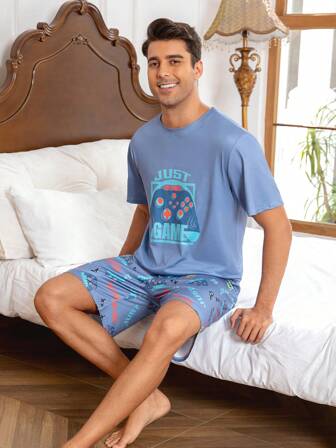 Men Short Sleeve Graphic T-Shirt And All Over Printed Shorts Pajama Set