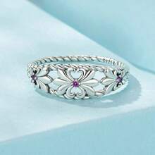 bamoer 1 件正品 925 纯银复古鸢尾花戒指花朵图案扭纹戒指女士派对复古抗氧化珠宝礼物