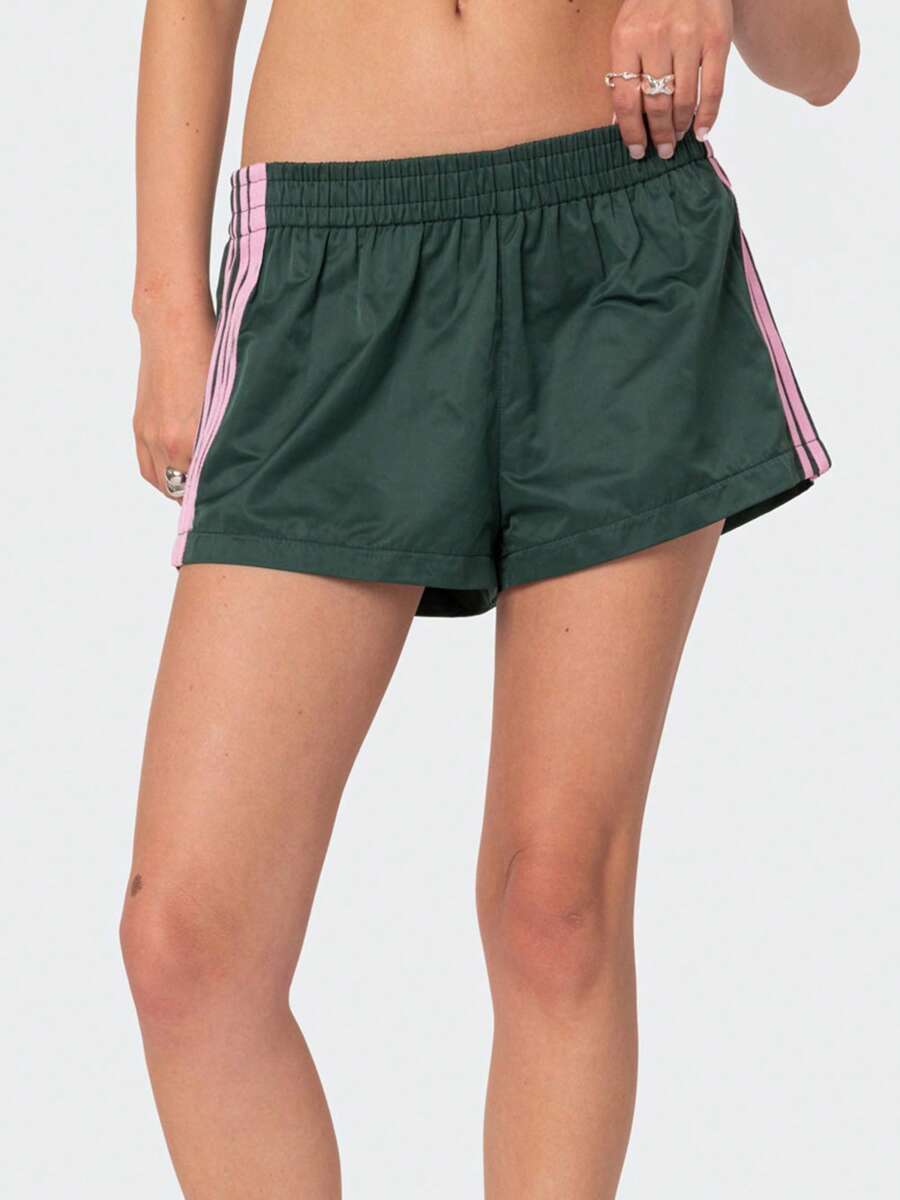 Women's Summer Shorts Side Stripe Print Elastic Waist Loose Fit Workout Short Pants - Green - View 1