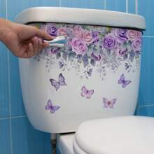 1pc Plant & Floral Self-Adhesive Toilet Seat Sticker, Butterfly & Grass Bathroom Decoration Wall Toilet Cover Sticker Gifts Birthday Graduation Home Decor Wall Decor Bedroom Decor Room Decoration Stuff Living Room Decor House Decor Home Decor Living Room Wall Art Wall Paper Stickers