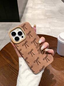 1 pieza Funda de teléfono vintage minimalista caqui con lazo compatible con la serie Apple iPhone 16/15/14/13/12/11 para otoño/invierno