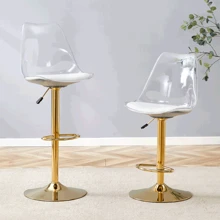 MUUOKY Modern Minimalist Acrylic Bar Stools With Mid Back, Set Of 2, Can Rotate 360 ° And Adjust Lifting, PET Backrest And White PU Seats, Transparent Adjustable Swivel Airlift Barstools, Counter Height Bar Chairs For Kitchen Dining Pub Cafe, And Front Desk Cashiers - 金色 - 查看 2