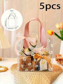 1/5pcs 大号 PVC 礼品袋（配丝带） 可爱雏菊图案手柄礼品包装袋 小雏菊便携式透明伴娘礼物手持礼品包装袋 适用于婚礼礼品、促销、小型企业用品、购物袋、派对袋、婚礼生日派对礼品袋、工艺手提袋、派对礼品、生日装饰、圣诞节情人节