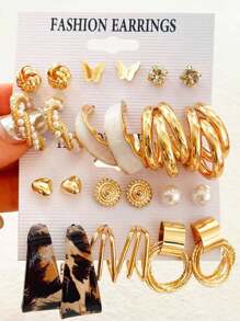 12pcs/Set Retro Butterfly, Heart, Pearl Stud Metal Wrapped Circle Earring Set For Women - Gold - View 1