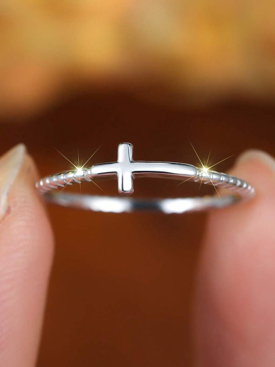 1pc Minimalist Sophisticated Cross 925 Sterling Silver Unisex Ring, Suitable For Everyday Wear - Silver - View 1
