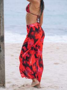 3pcs/Set Summer Tie-Dye Print Halter Backless Swimwear And Allover Print Pants, Casual And Vacation Beachwear For Women