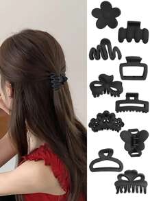 10pcs Minimalist Versatile Medium Black Series Matte Clip Set Includes Hair Claws For Bun, Half-Bun, Practical Hair Accessories