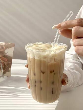 1PC 450ml Iced Coffee Glass, Vintage Ribbed Milk Coffee Cup, Cold Brew Coffee Cup, Iced Latte Glass, Strawless Creative Beverage Glass, Home Afternoon Tea Cup, Restaurant Cafe Suitable