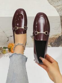 女士单扣装饰休闲一脚蹬镜面平底鞋 - 酒紅色 - 查看 2