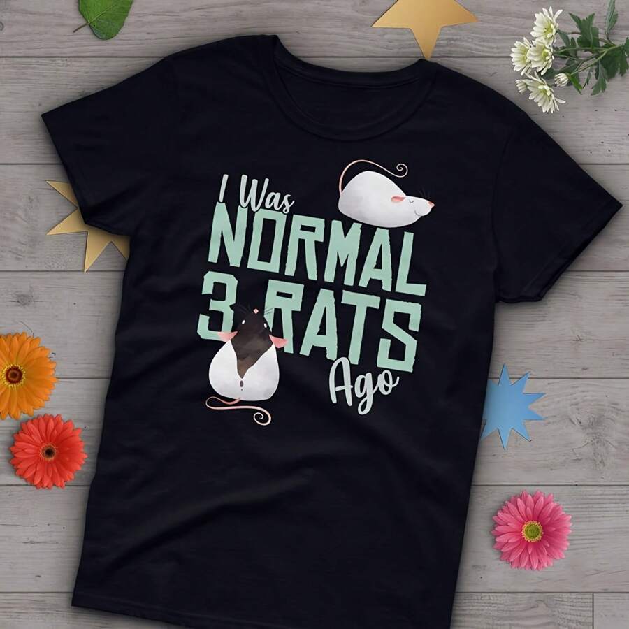Funny Rat Shirt, Women Men, Rat Lover Gift, Cute Rat T-Shirt, Pet Lover TShirt, Graphic Tee, Tops, Clothing, Mouse, I Was Normal 3 Rats Ago - màu đen - Xem 1