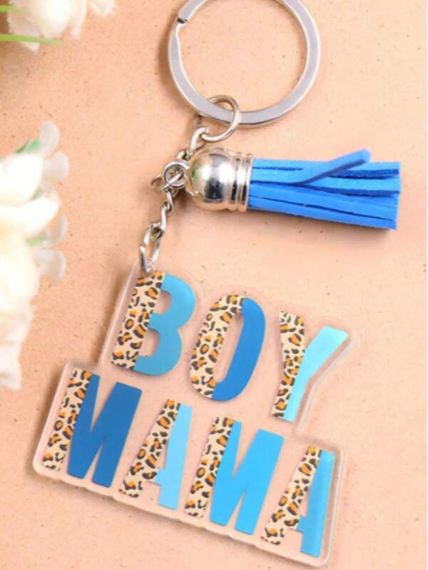 1pc Acrylic Key Chain, Mother's Day Gift "BOY MAMA" Leopard Print Blue Key Chain Tassel Car Accessories Bag Charm School Letter