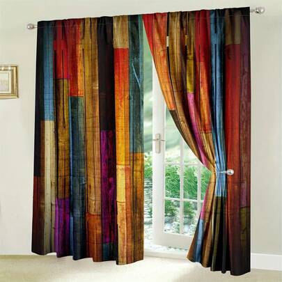 2pcs Rainbow Color Wood Grain Print Curtains, Pole Pocket Installation - UV Blocking, Machine Washable Polyester, Suitable For Living Room, Kitchen, Cafe, Balcony And Garden Decoration
