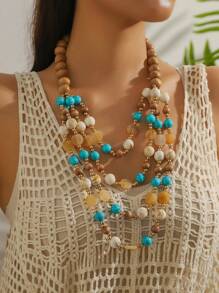 1pc Handmade Boho Style Beaded Multi-Layer Necklace, Faux Turquoise, Suitable For Travel, Party & Everyday Wear, Natural Wood Beads, Slight Flaws & Color Difference As Normal, Not Defective, Recommended For Those Who Accept Minor Imperfections - Turquoise Mixed Color - View 10
