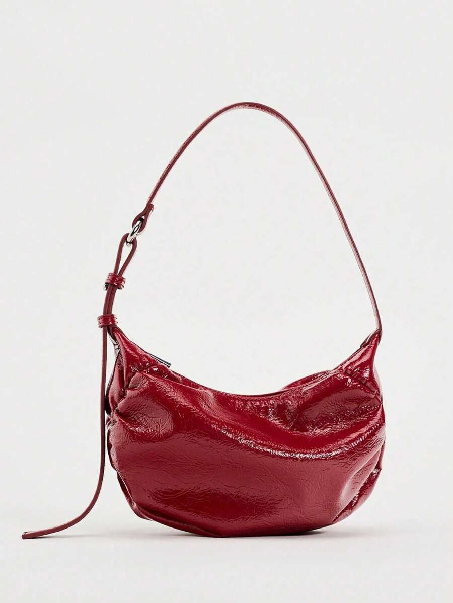 时尚摇滚风格可折叠超大腋下包，可折叠褶皱蜡皮单肩包，适合外出、购物、聚会 - 紅色 - 查看 1