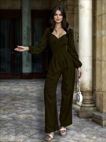 Women's Elegant Bishop Sleeve V Neck Wide Leg Palazzo Pants - 軍綠色 - 查看 4