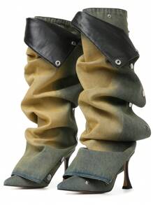 Women Ruched Slouchy Boots Stiletto High Heel Knee High Pleated Pointed Toe Luxury Sexy Elegant Design Detachable Wedding Shoes - 薄荷藍 - 查看 1