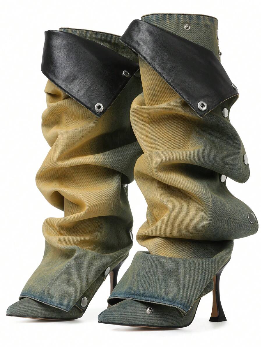 Women Ruched Slouchy Boots Stiletto High Heel Knee High Pleated Pointed Toe Luxury Sexy Elegant Design Detachable Wedding Shoes - 薄荷藍 - 查看 1