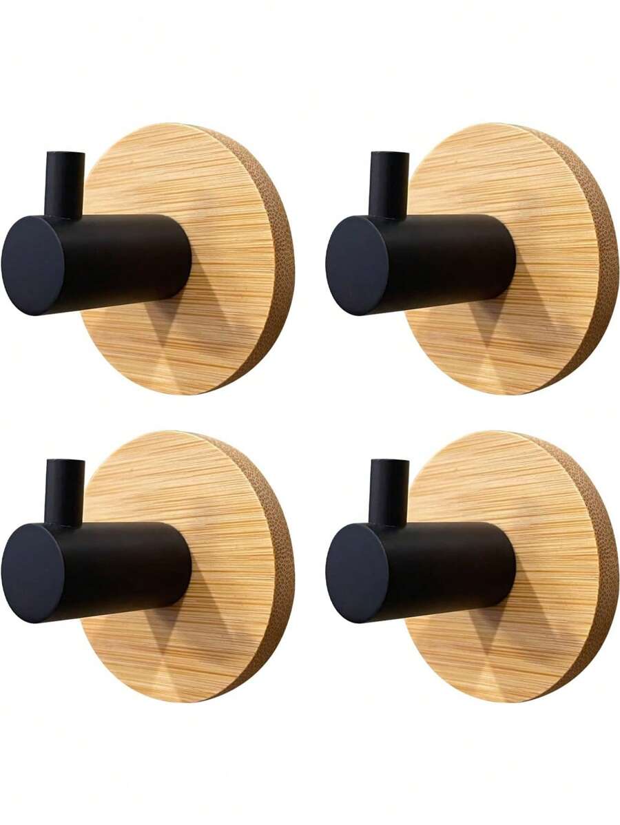 Mini crochets muraux avec base en bambou en bois, crochets muraux adhésifs noirs pour serviettes de salle de bain, cuisine et maison, crochets décoratifs robustes et polyvalents, forme en L, rentrée des classes