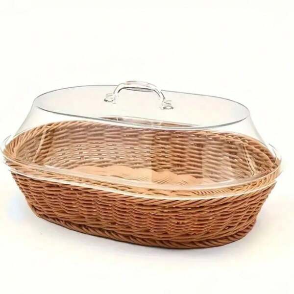 Woven Basket With Transparent Lid, Multipurpose, Reusable Camp Serving Tray For Kitchen And Entertaining, Outdoor Camping, Home Organization, Baskets, Bins & Containers For Home Organization