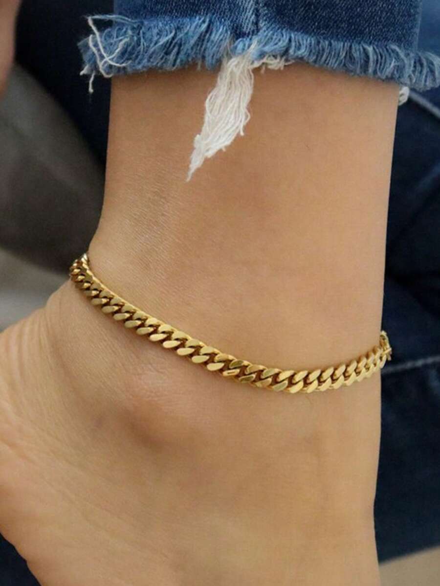 Nooxian 1pc 6mm Gold-Color Stainless Steel Cuban Link Anklet For Women, Beach Jewelry - Yellow Gold - View 1