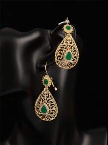摩洛哥风格复古女士金耳环，泪珠设计，镂空雕刻，饰有泪珠水钻，适合阿拉伯女性在宴会、日常场合和各种活动中佩戴的耳环 - 耳環 - 查看 2