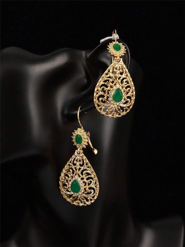 Moroccan-Style Retro Women's Golden Earrings, Teardrop Design With Hollow Carving And Adorned With Teardrop Rhinestones, Suitable For Earrings Arab Women To Wear At Banquets, Daily Occasions, And Various Events
