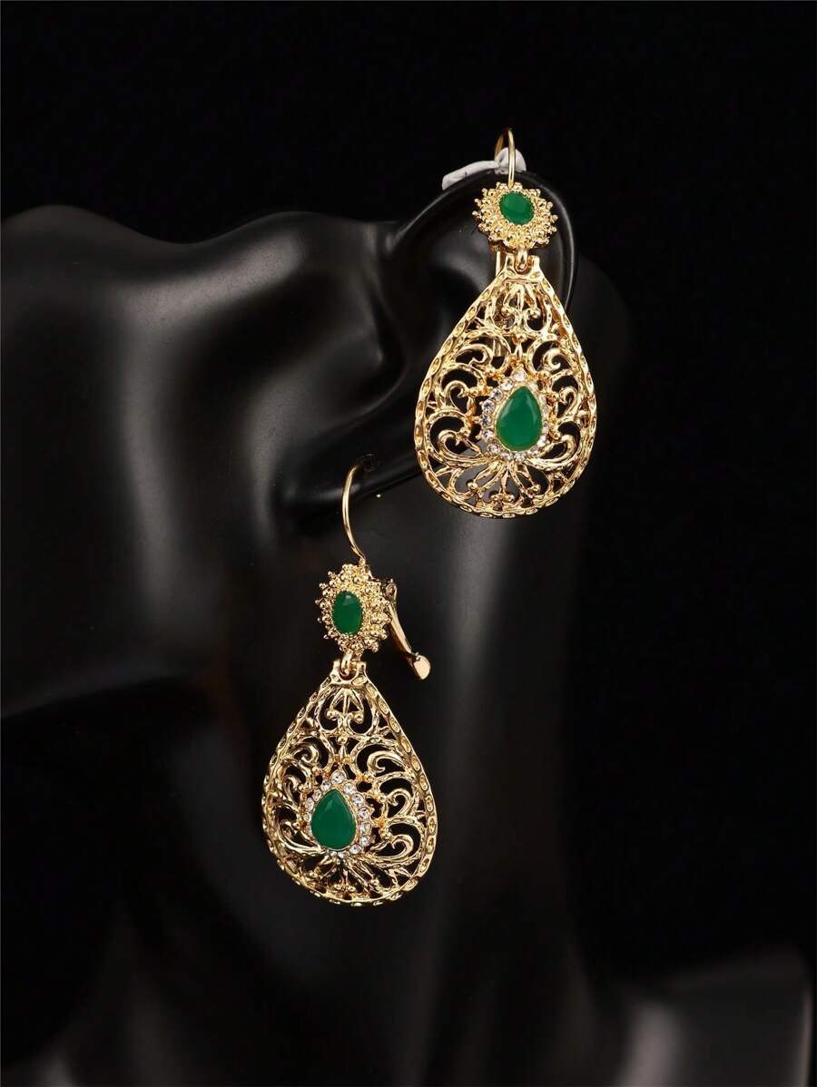 摩洛哥风格复古女士金耳环，泪珠设计，镂空雕刻，饰有泪珠水钻，适合阿拉伯女性在宴会、日常场合和各种活动中佩戴的耳环