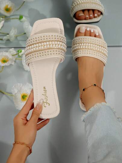 Nuevas sandalias de playa versátiles de mujer de talla grande de lujo, con diseño cuadrado antideslizante, con adorno de rhinestones y perlas