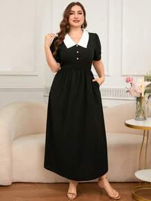 DEARCASE Plus Size Women's Color Block Collar Short Sleeve Dress - Black - View 5