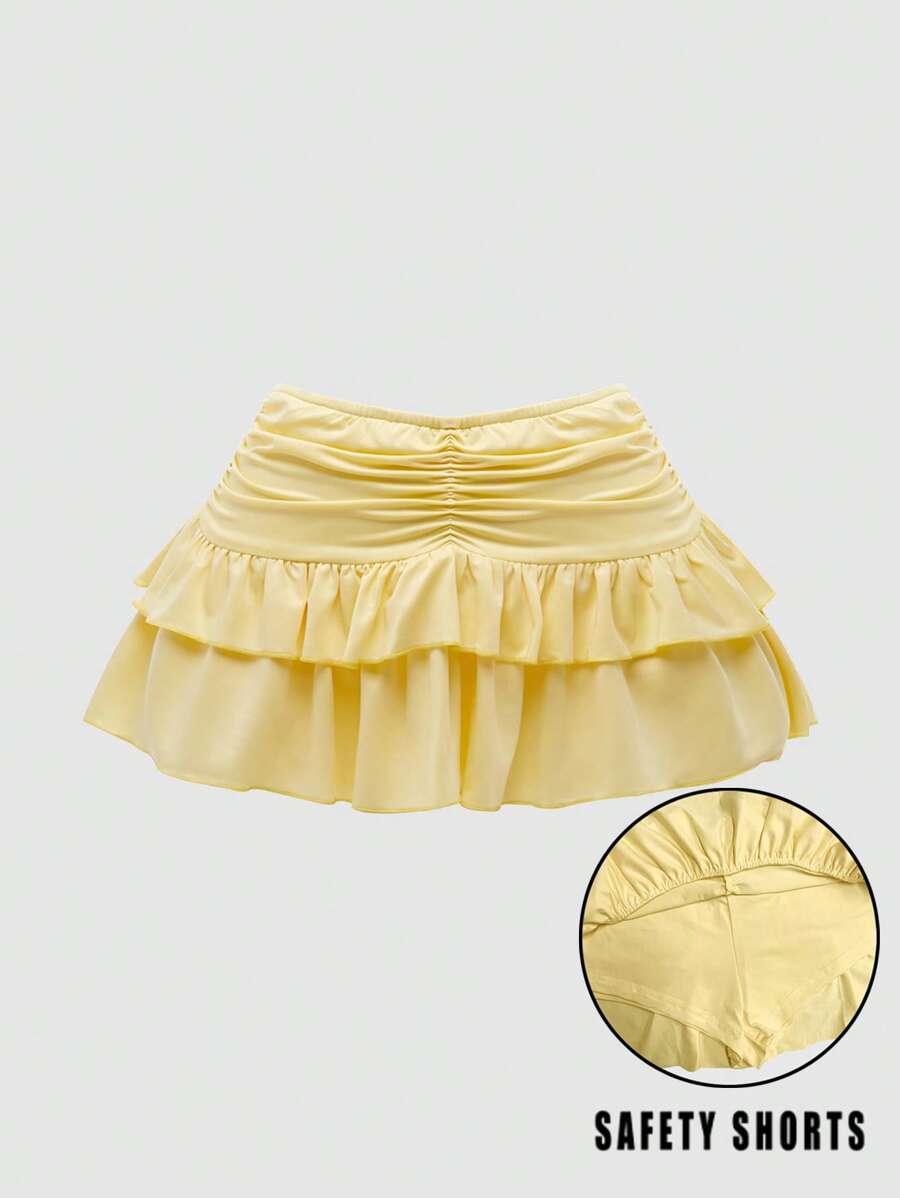 女士纯色荷叶边百褶裙，可爱蛋糕裙款式，适合聚会、街头、派对