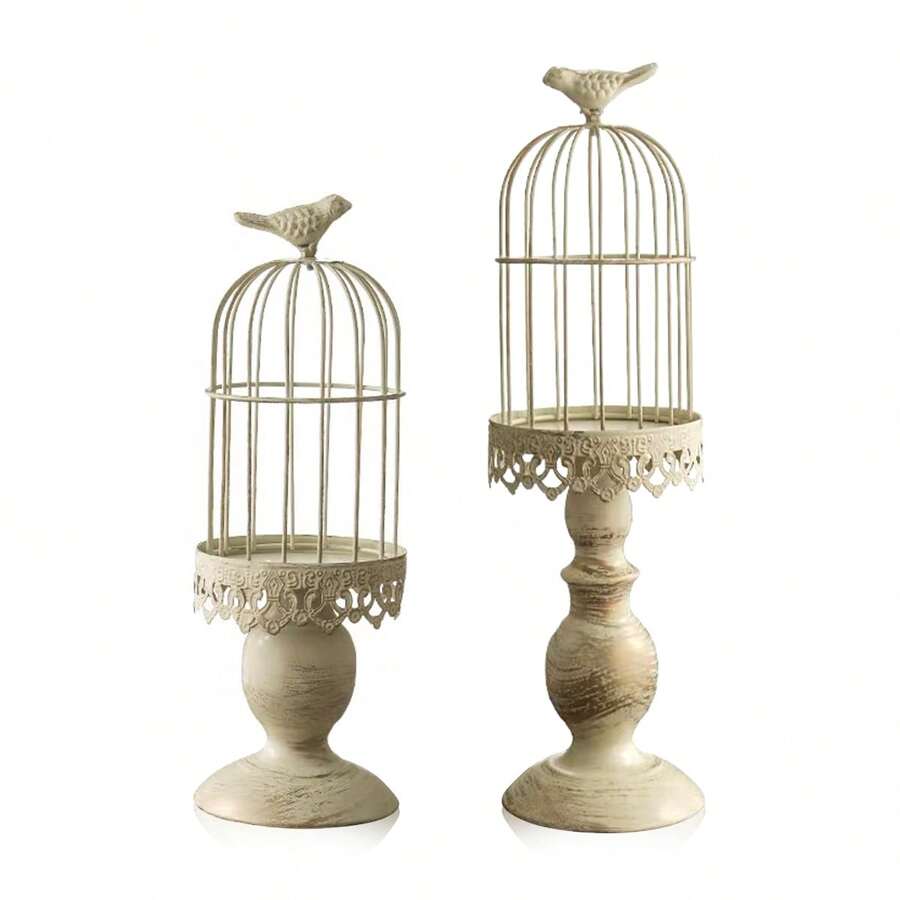 Metal Birdcage Candle Holder Decorative Bird Cages For Weddings Vintage Candlestick Holders Wedding Candle Centerpieces For Tables Iron Candleholder Set Home Decor - Light Grey - View 1