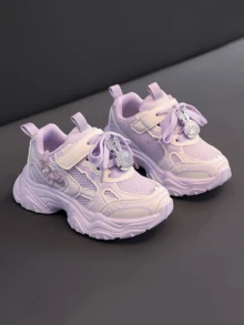 时尚新款女童运动鞋，春夏季透气童鞋，中童厚底可爱蝴蝶结公主跑鞋，魔术贴，学生厚底运动鞋 - 紫色 - 查看 5