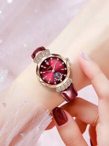 FANSICHEN FANSICHEN New Luxury Crown Rhinestone Rose Gold Women Watch, Elegant Floral Glass Red Dial Waterproof Quartz Wrist Watch, Suitable For Daily Wear, Great Gift For Girlfriend