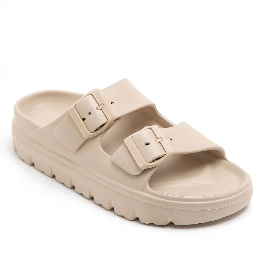 Slide Sandals With Double Buckle Straps And Chunky Sole - Beige - View 1