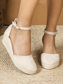 女士麻绳坡跟蕾丝网眼包头凉鞋，休闲圆头镂空透气厚底高跟草编鞋，百搭渔夫凉鞋