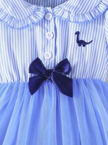 女宝宝夏季可爱公主袖彼得潘领刺绣恐龙雪纺拼布休闲连衣裙 - 藍色 - 查看 6