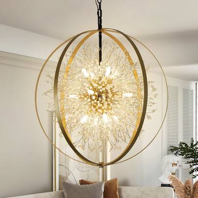 Black And Gold Crystal Chandelier Modern Firework Chandelier 24in Dandelion Sputnik Chandelier For Dining Room, Bedroom, Kitchen, Entryway, Foyer