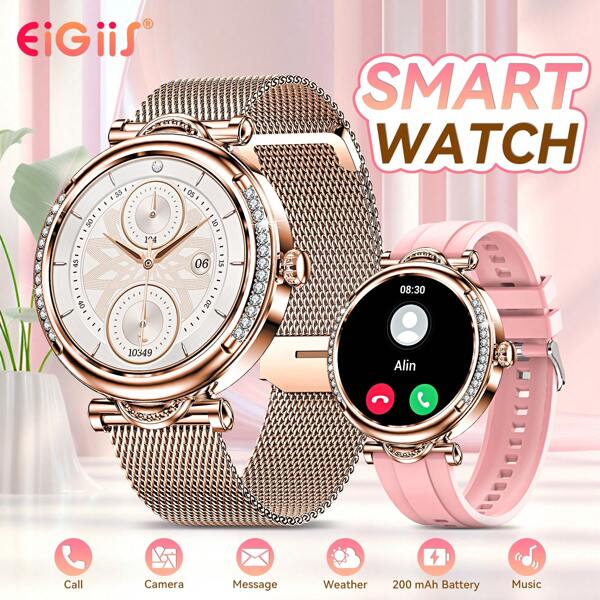 EIGIIS Smartwatch für Frauen 1.27'' HD Full Circle Full Touch Screen (Anrufe annehmen/anrufen) mit kabellosem 5.2, Schrittzähler, mehreren Sportmodi, IP67 wasserdicht, Schlafaufzeichnung, Wetter, Musiksteuerung, Stoppuhr, Damen Smart Watches, weibliche Smartuhr für iOS und Android Handy