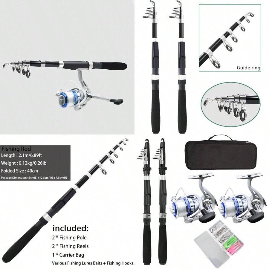 Fishing Pole Combo Set2.1m 6.89ft 2PCS Collapsible Rods 2PCS Spinning Reels Lures Set Carrier Bag Carbon Fiber Telescopic Fishing Rods Sea Saltwater Freshwater Kit Fishing Rod Reel Combos - 2.1米6.89英尺1 - 查看 1