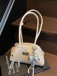 1pc Fashion Red PU Leather Handbag Shoulder Sling Pillow Bag With Lace Bow Decor, Unique Mini Bowlling Ball Bag, Comes With Charm