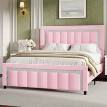 Upholstered Bed Frame With Vertical Channel Tufted Headboard, No Box Spring Needed, Easy Assembly, White/Pink/Black, Twin/Full/Queen/King - 粉色 - 查看 1
