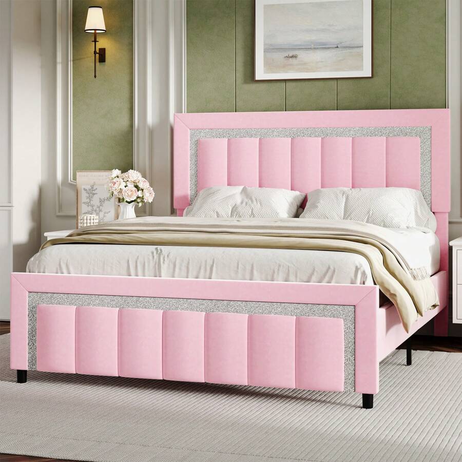Upholstered Bed Frame With Vertical Channel Tufted Headboard, No Box Spring Needed, Easy Assembly, White/Pink/Black, Twin/Full/Queen/King - 粉色 - 查看 1