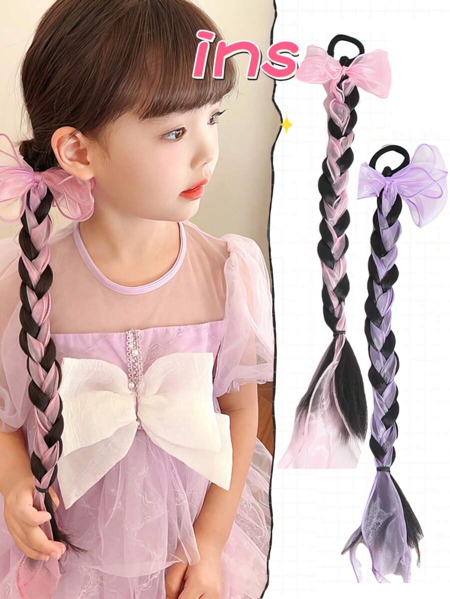 1PC KIDS Colorful Bow Wig Braids Hair Rings Ponytail Sweet Cool Twist Long Braids Hair Tie For Girls - Black - View 1