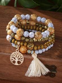 4pcs/Set Boho Multilayer Wooden & Glass Beaded Bracelets With Tassel, Life Tree & Butterfly Pendants, Suitable For Everyday Wear