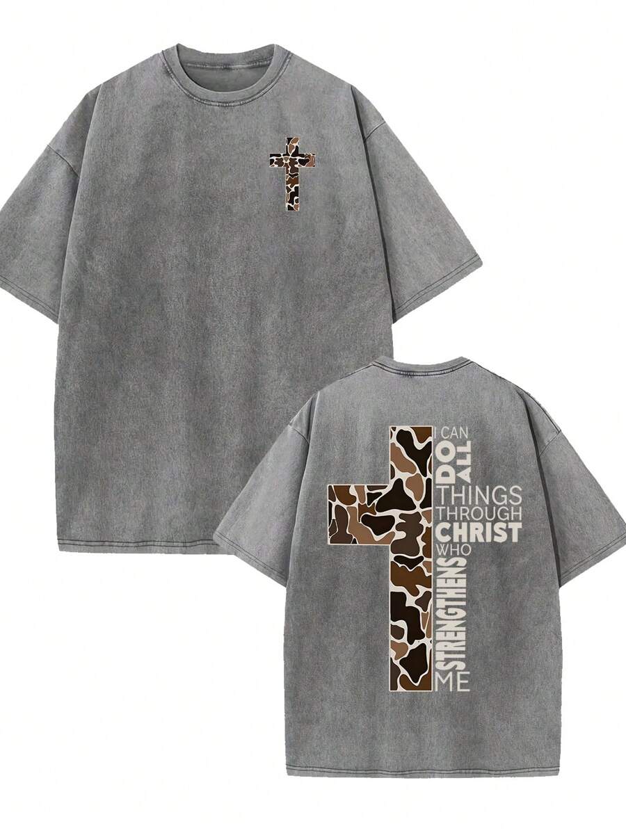 230g Washed Batik Vintage Short-Sleeved T-Shirt, Double-Sided Printed Flowers, Christianity, Men, Cross, God.
