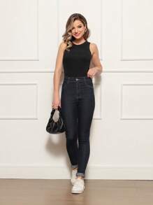 Kit 2 Regata Canelada Lisa Feminina Camiseta Básica Blusa Casual sem Manga - Preto/Vermelho - Visão 3