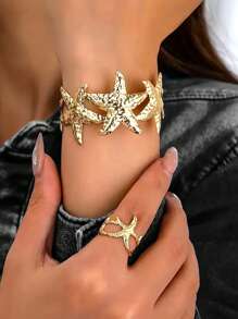 2pcs Metal Fashion Ocean Series Interlocking Starfish Bracelet & Adjustable Ring Set For Women, Suitable For Beach, Holiday, Daily Outfit
