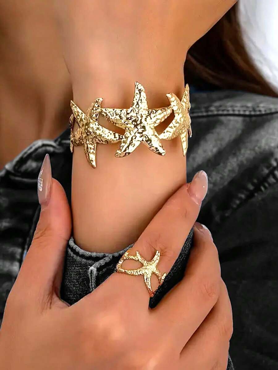 2pcs Metal Fashion Ocean Series Interlocking Starfish Bracelet & Adjustable Ring Set For Women, Suitable For Beach, Holiday, Daily Outfit
