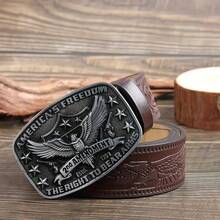 3.7cm Wide Western Style Eagle Star Pattern Cowboy Belt Buckle, Smooth Buckle Design With Punched Round Holes, Suitable For Men And Women - Multicolor - View 2