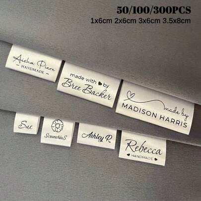 Custom 50-200PCS Satin Ribbon Personalized Clothing Sewing Labels Clothes Washable Label, Men's And Women's Clothing Collar, Name Fabric White Tags With Multicolor Design, Exquisite Embroidered Personalized Handmade Tags For Clothing, Bags, Dress, T-Shirt, Hat, Scarf, School Uniforms, Bed Sheets, Hats, Socks, School Bags, Etc., Multi-Functional For Graduation, For Housewarming, Back To School Fashion